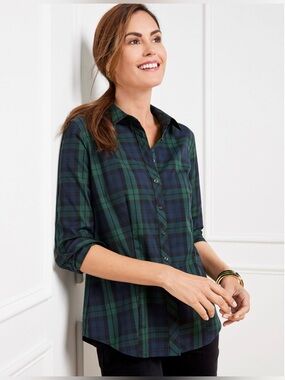 Talbots Versatile green/navy watch tartan print button-down shirt Plus Size 18W